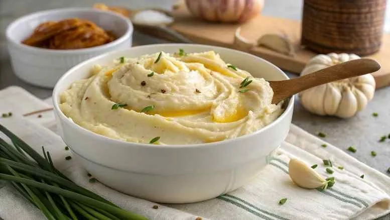 Bowl of creamy mashed potatoes topped with butter and herbs