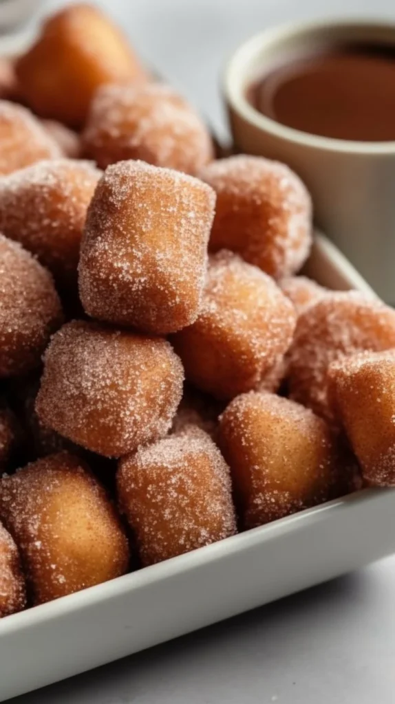Crispy air fryer churro bites served with a drizzle of chocolate sauce