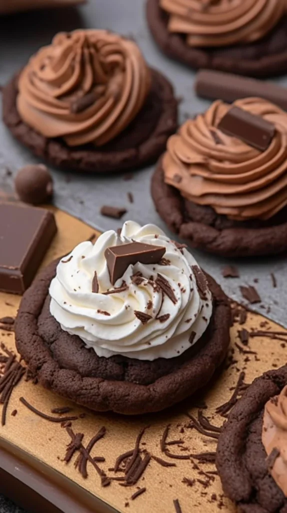 Crumbl French Silk Pie Cookies with chocolate and whipped cream topping