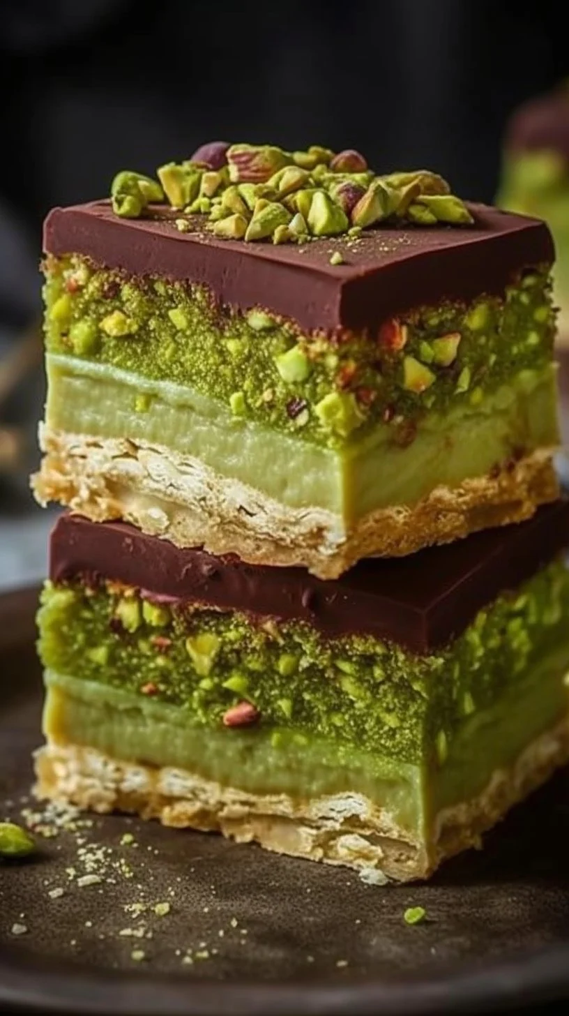 Delicious chocolate pistachio bars from Dubai, featuring rich chocolate and crunchy pistachios.