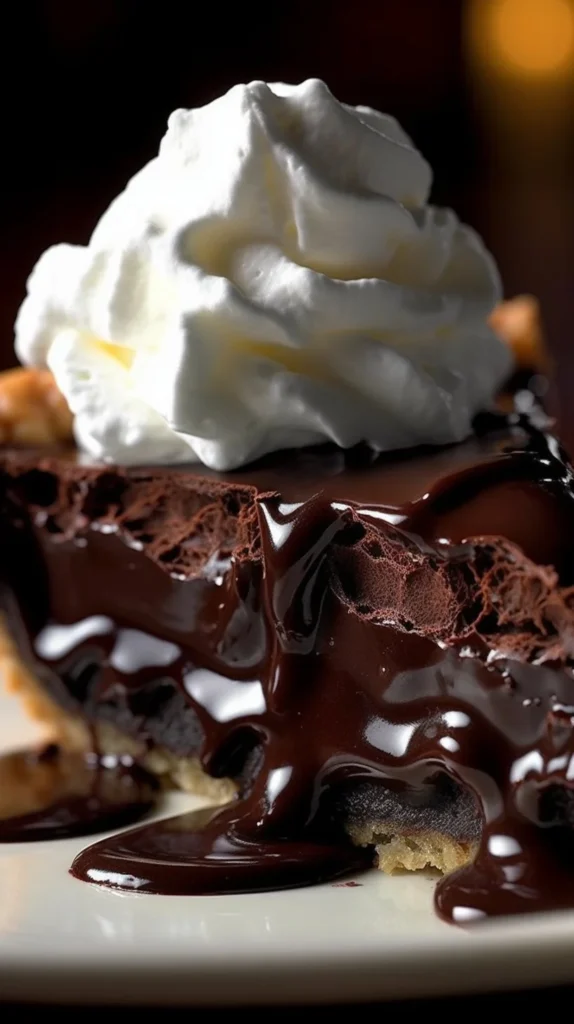 Decadent hot fudge pie topped with smooth chocolate fudge and whipped cream