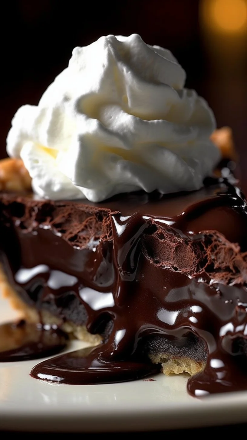 Decadent hot fudge pie topped with smooth chocolate fudge and whipped cream