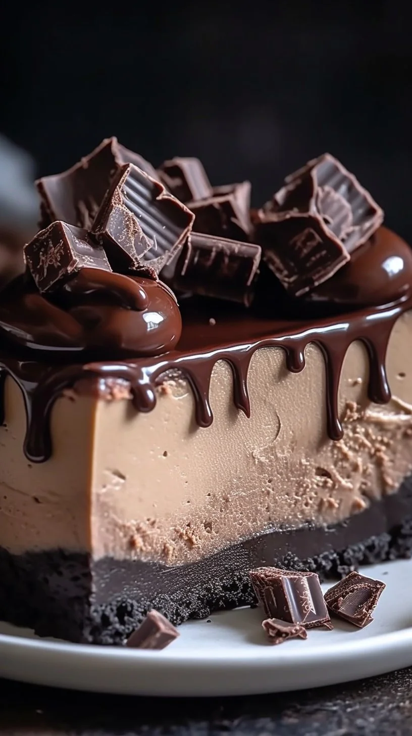 Decadent triple chocolate cheesecake dessert with rich chocolate layers