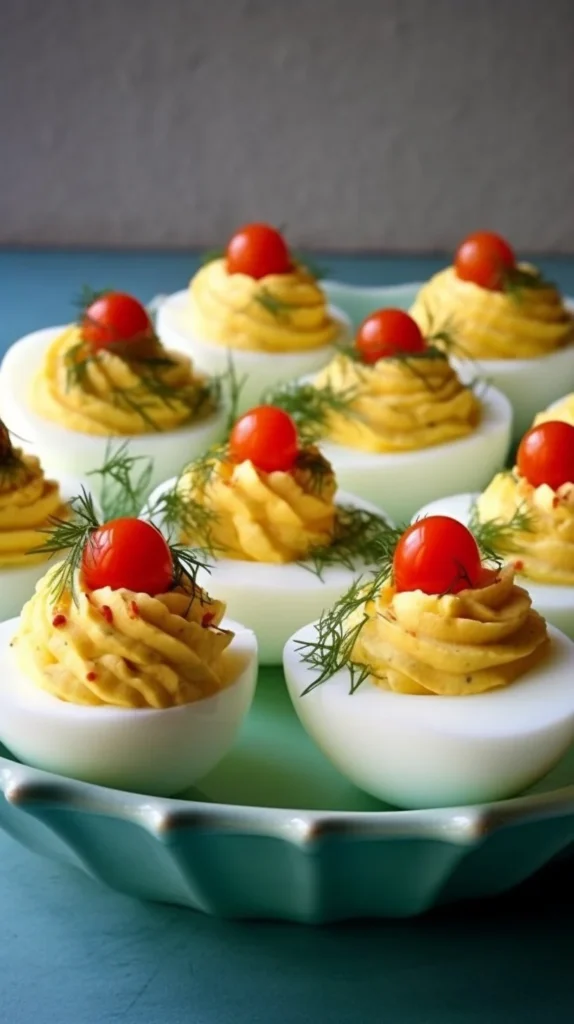 Deviled eggs topped with dill and cherry tomatoes, a fresh appetizer recipe.