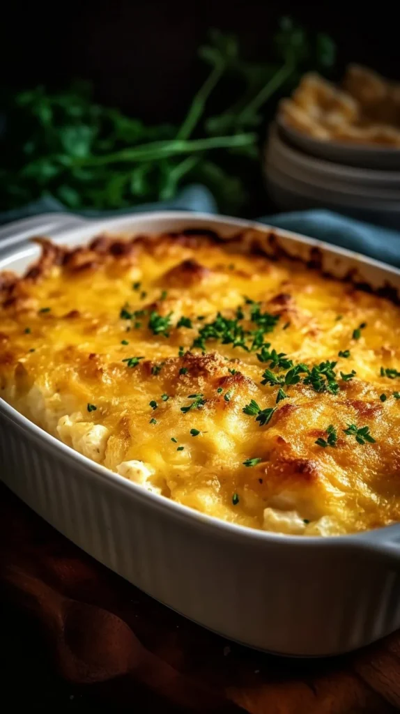 Dolly Parton's iconic Southern chicken casserole served in a baking dish