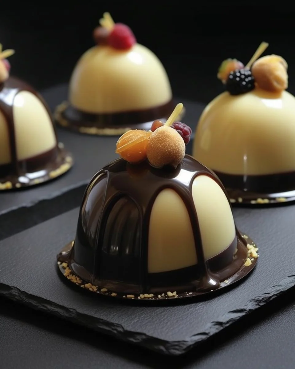 Delicious dome cakes topped with rich chocolate mousse, perfect for dessert lovers.