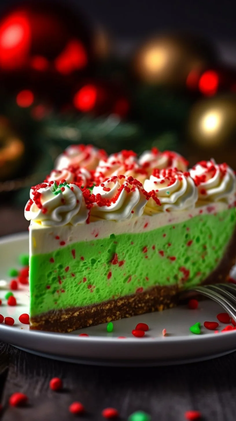 No bake Grinch Pie ready to serve as a festive holiday dessert