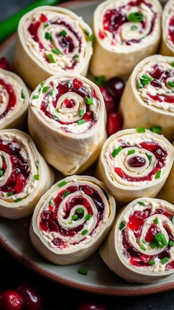 Festive Christmas Cranberry Roll Ups served on a holiday platter.