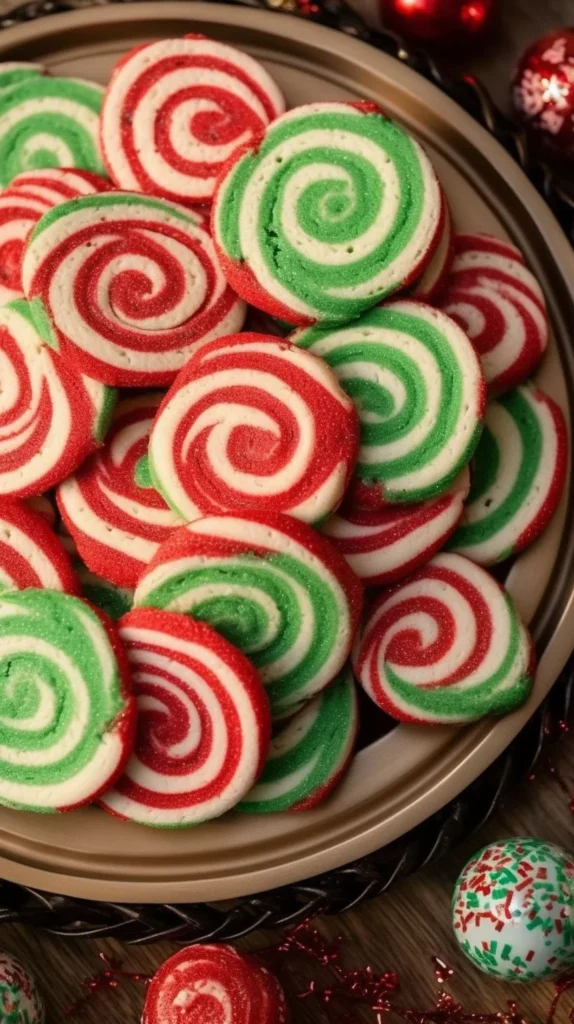 Plate of festive swirled cookies decorated for the holidays