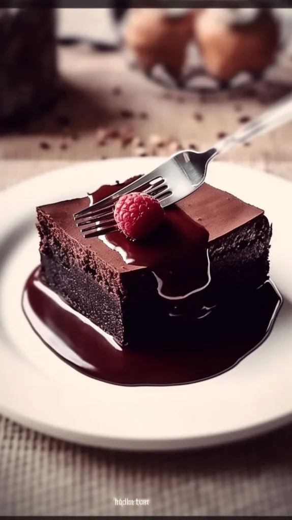 Delicious flourless chocolate cake served on a plate, rich and gluten-free treat