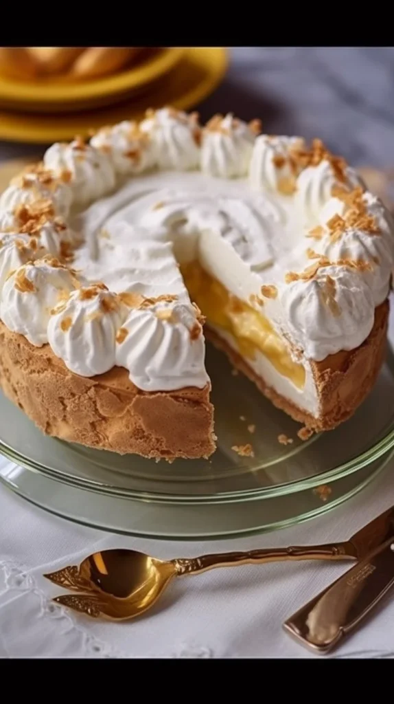A beautifully layered Forgotten Torte garnished with fruits and cream.