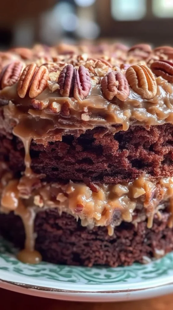Slice of German Chocolate Cake topped with coconut-pecan frosting