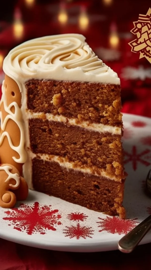 Delicious slice of gingerbread cake with frosting and festive decorations