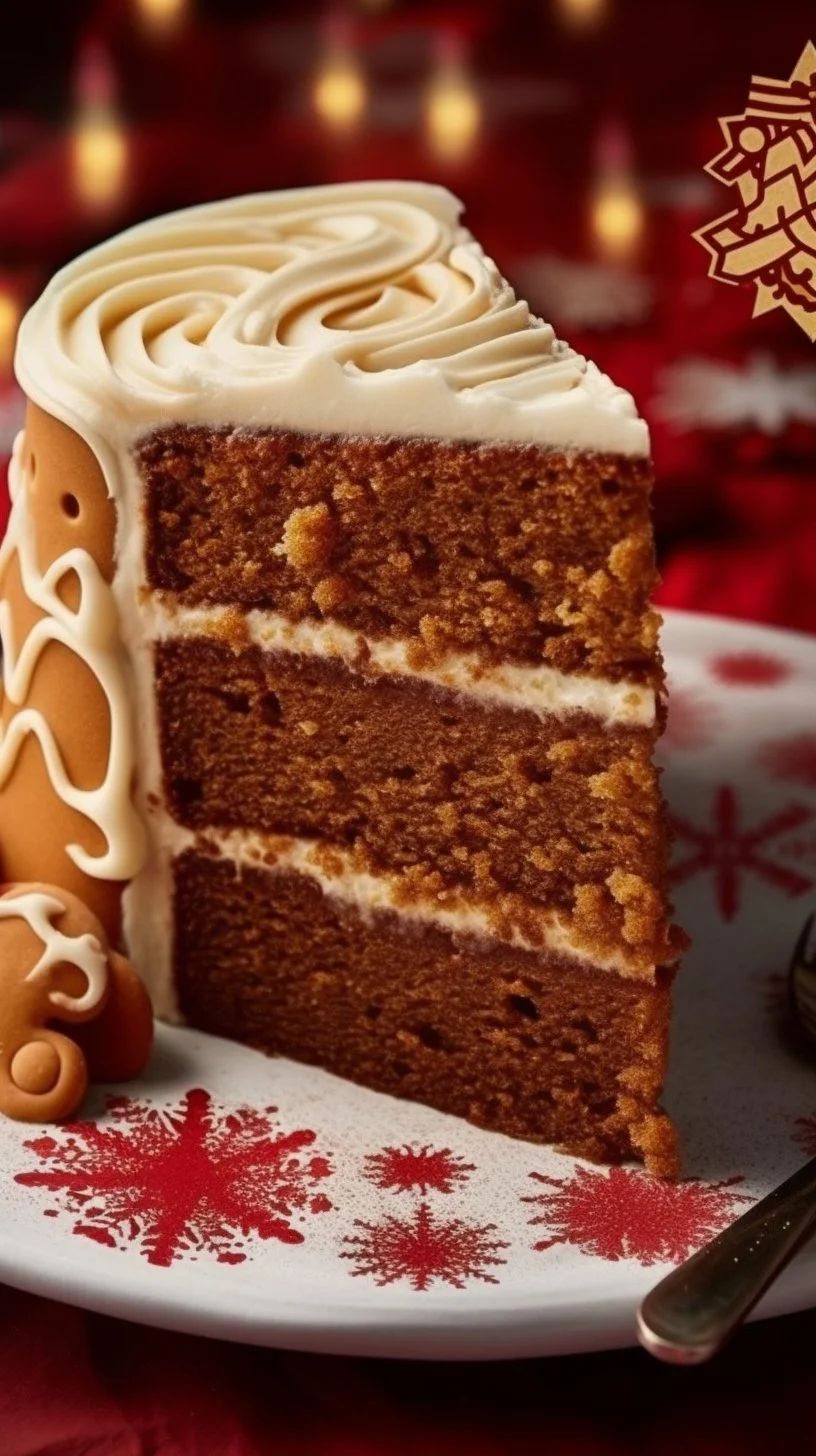Delicious slice of gingerbread cake with frosting and festive decorations