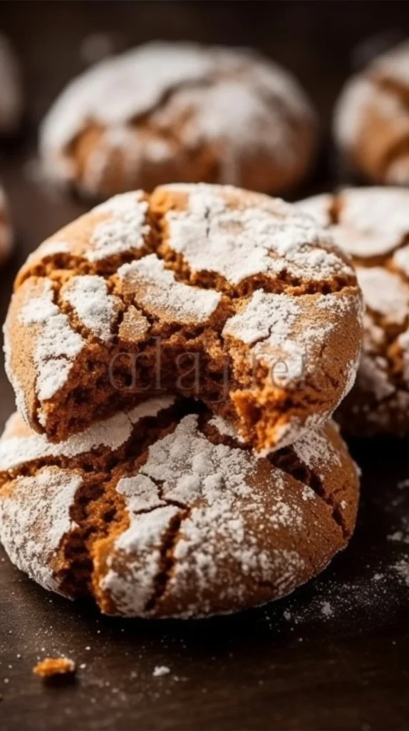 Freshly baked Gingerbread Crinkle Cookies dusted with powdered sugar.