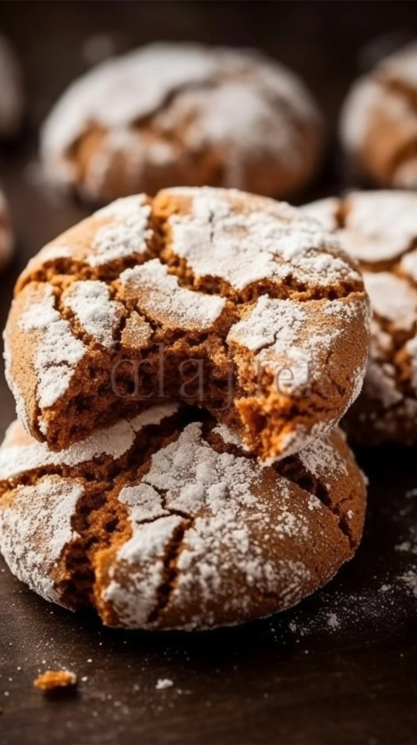 Freshly baked Gingerbread Crinkle Cookies dusted with powdered sugar.