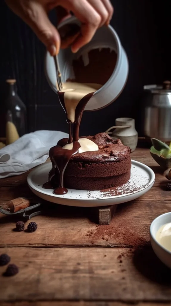 Gooey chocolate cake topped with chocolate ganache and fresh berries