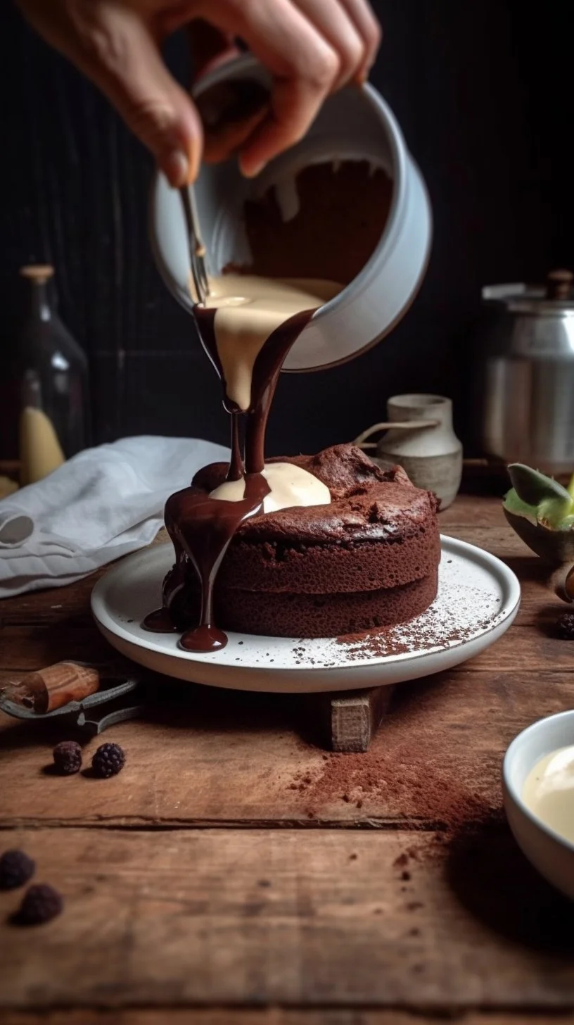 Gooey chocolate cake topped with chocolate ganache and fresh berries