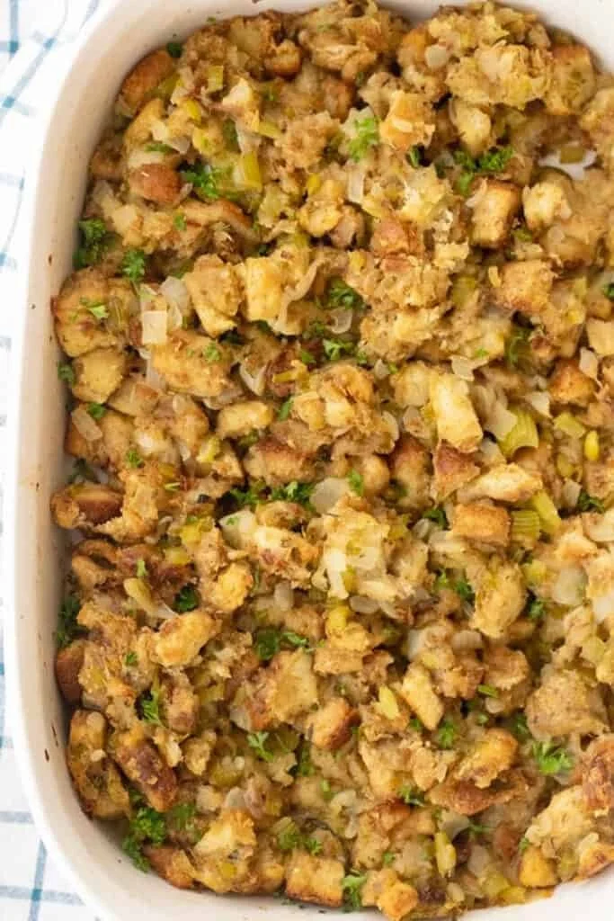 Dish of Grandma's Thanksgiving stuffing, a festive holiday recipe