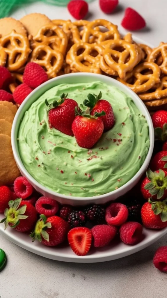 Delicious Grinch Dip served in a festive bowl with holiday decorations