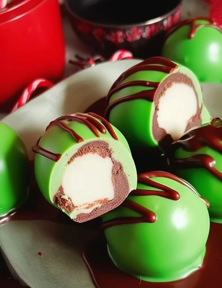 Grinch hot chocolate bombs ready to melt for a festive drink