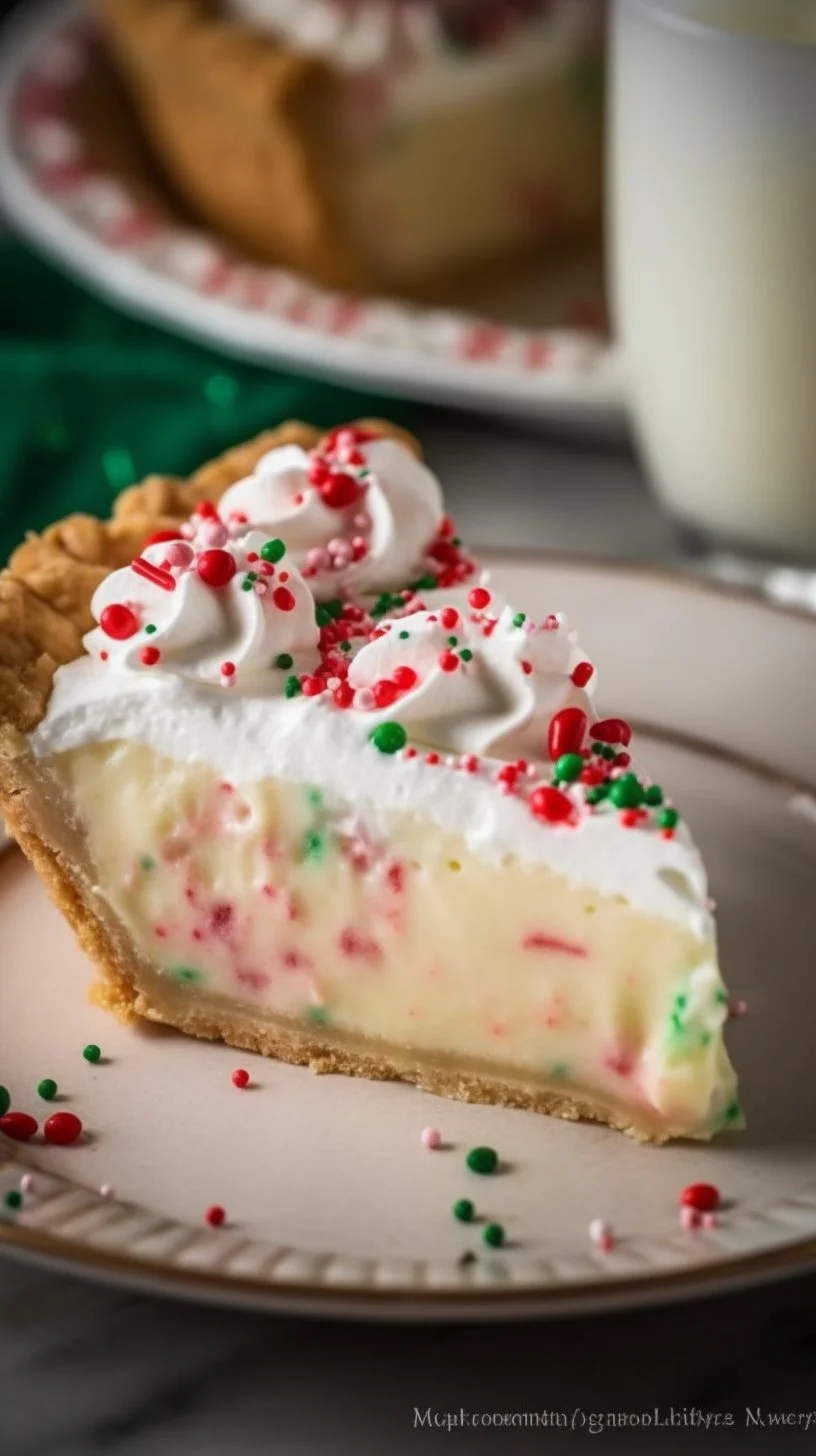 Delicious holiday custard pie topped with whipped cream on a festive table.