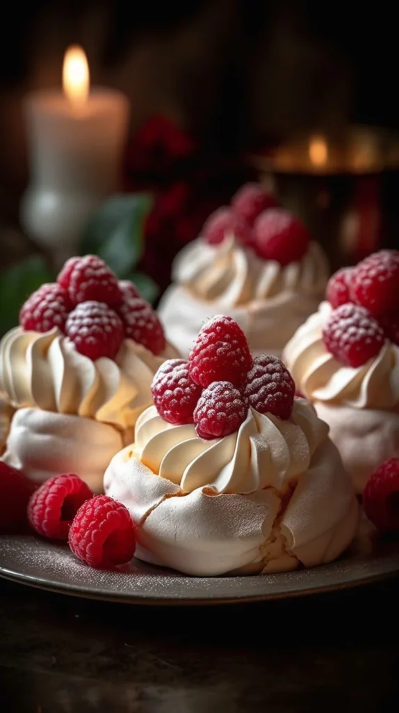 Holiday Pavlova Nests topped with whipped cream and fresh fruit