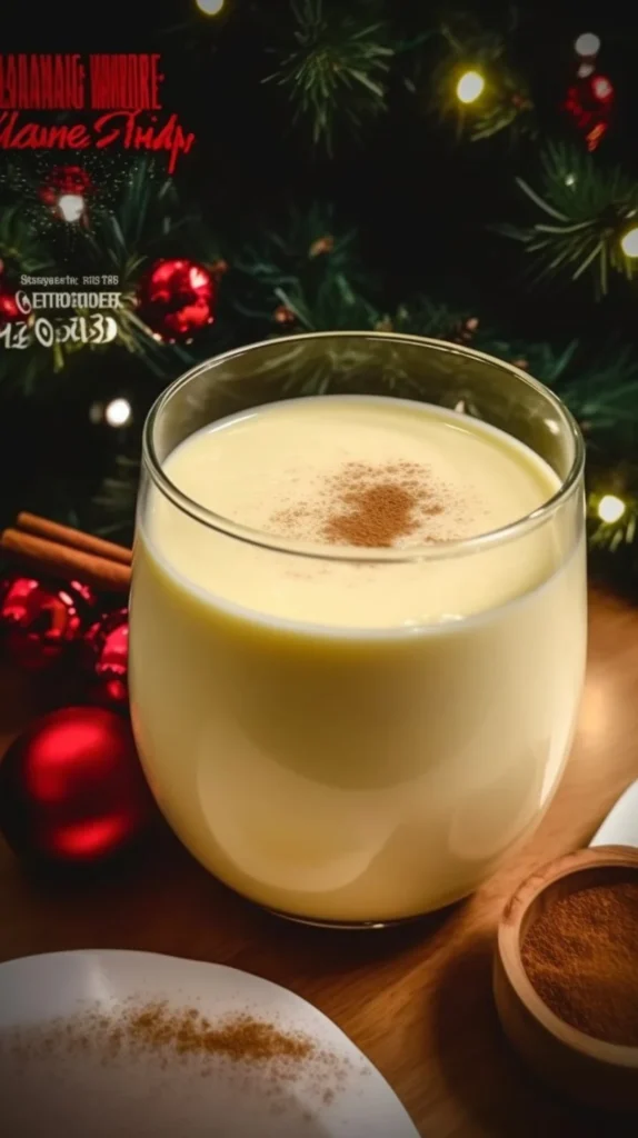 A glass of homemade eggnog topped with nutmeg and served with festive decorations.