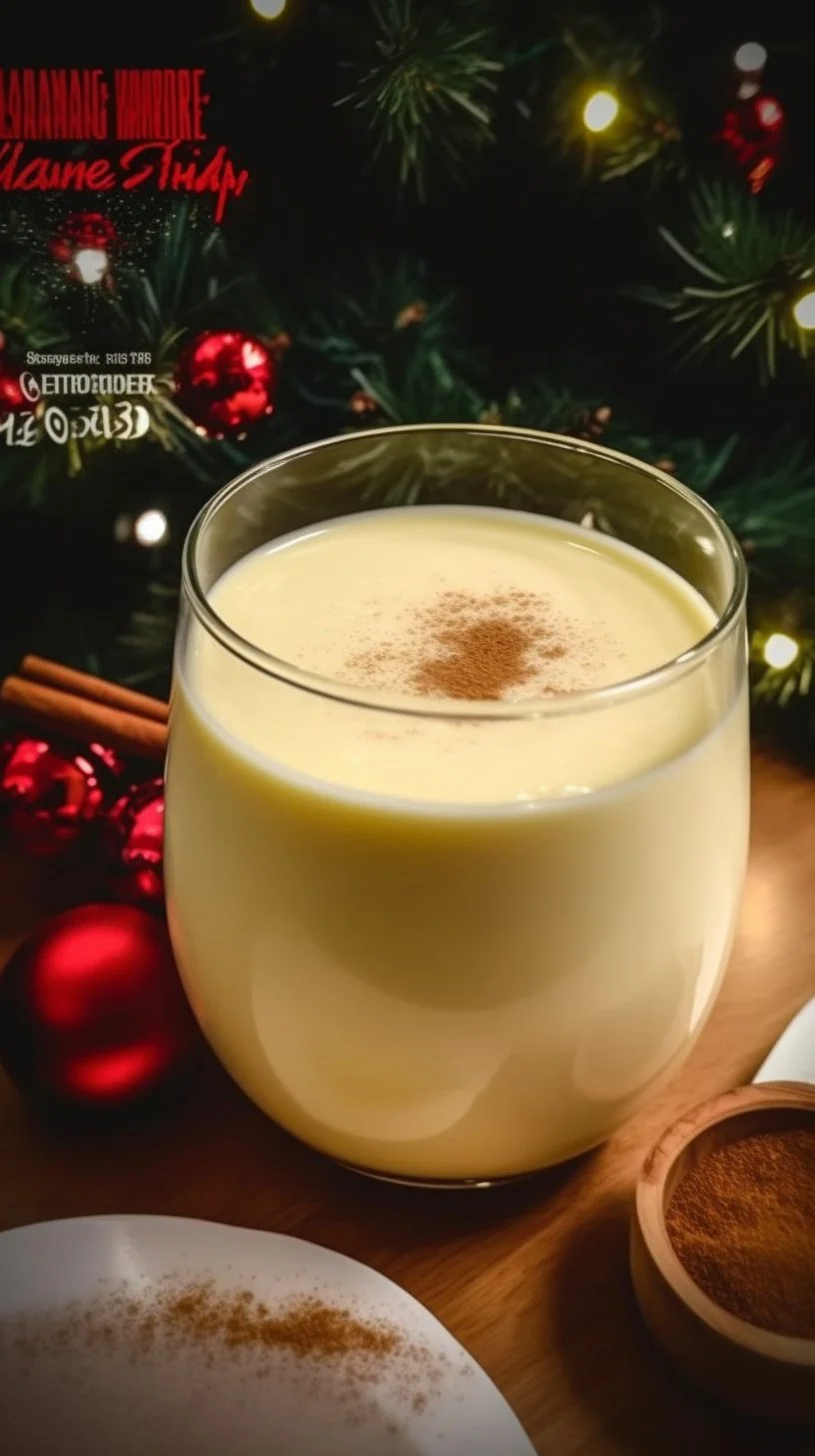A glass of homemade eggnog topped with nutmeg and served with festive decorations.