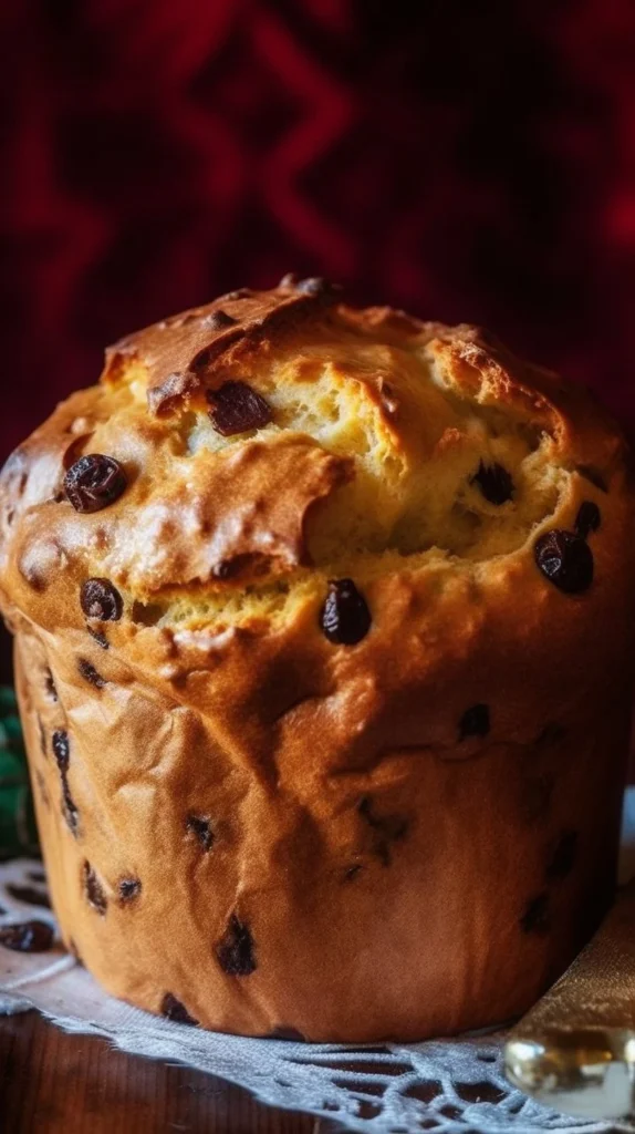 Homemade panettone fresh out of the oven with golden crust and festive ingredients.