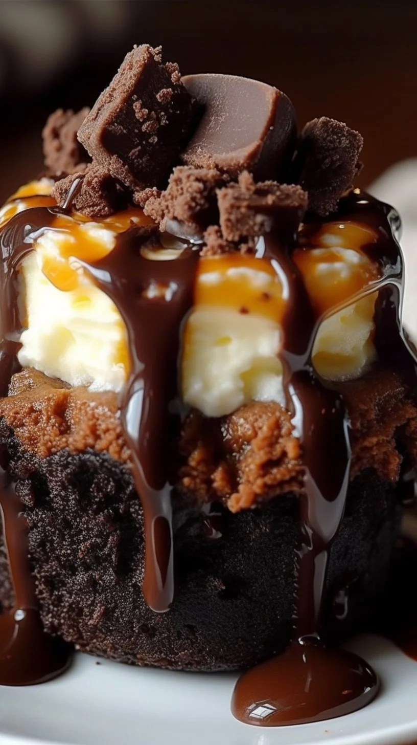 Delicious loaded brownie cheesecake cups topped with chocolate and cream.