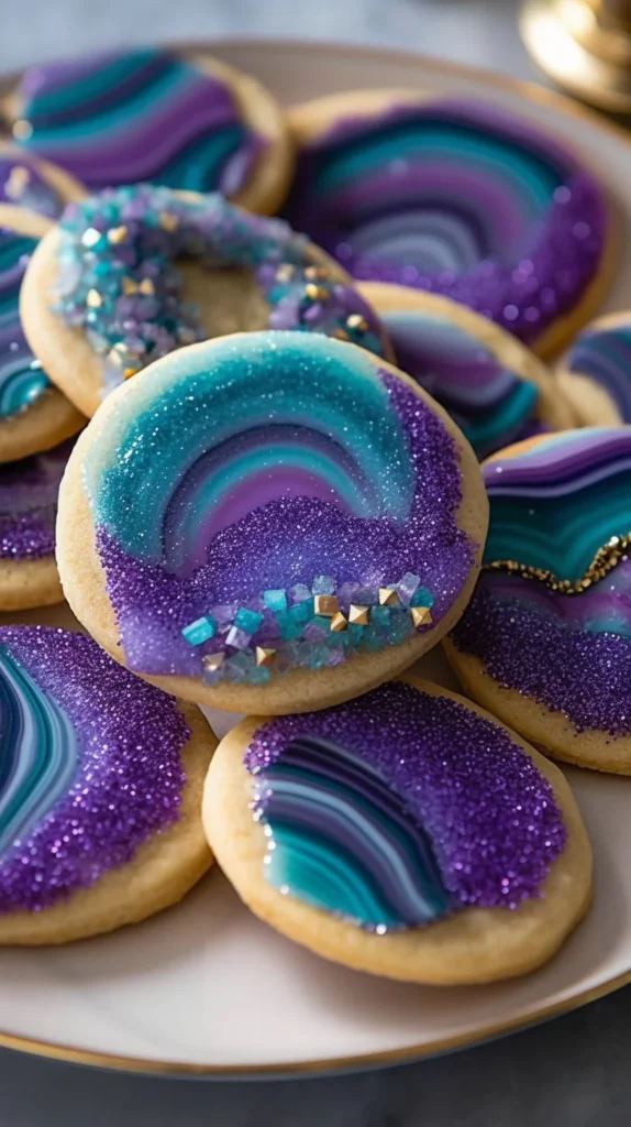 Delicious spiral cookies decorated in colorful swirls on a plate.