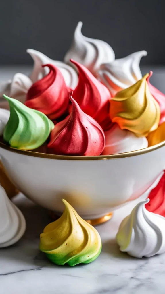 Colorful meringue kisses on a plate, perfect for dessert lovers.