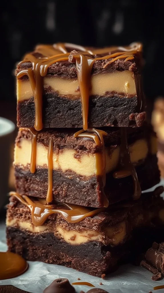Milky Way Caramel Cheesecake Brownies topped with chocolate and caramel drizzle