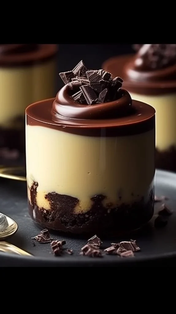 Mini chocolate cheesecake bites on a platter, garnished with chocolate shavings.