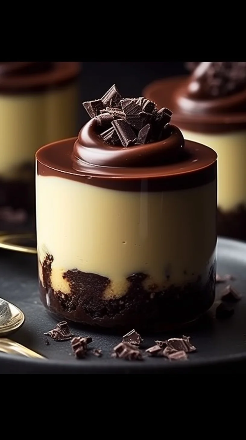 Mini chocolate cheesecake bites on a platter, garnished with chocolate shavings.