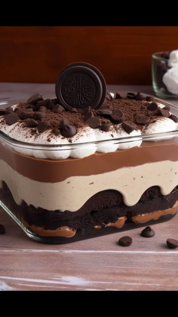 Delicious no-bake chocolate lasagna with layers of chocolate cream and cookies