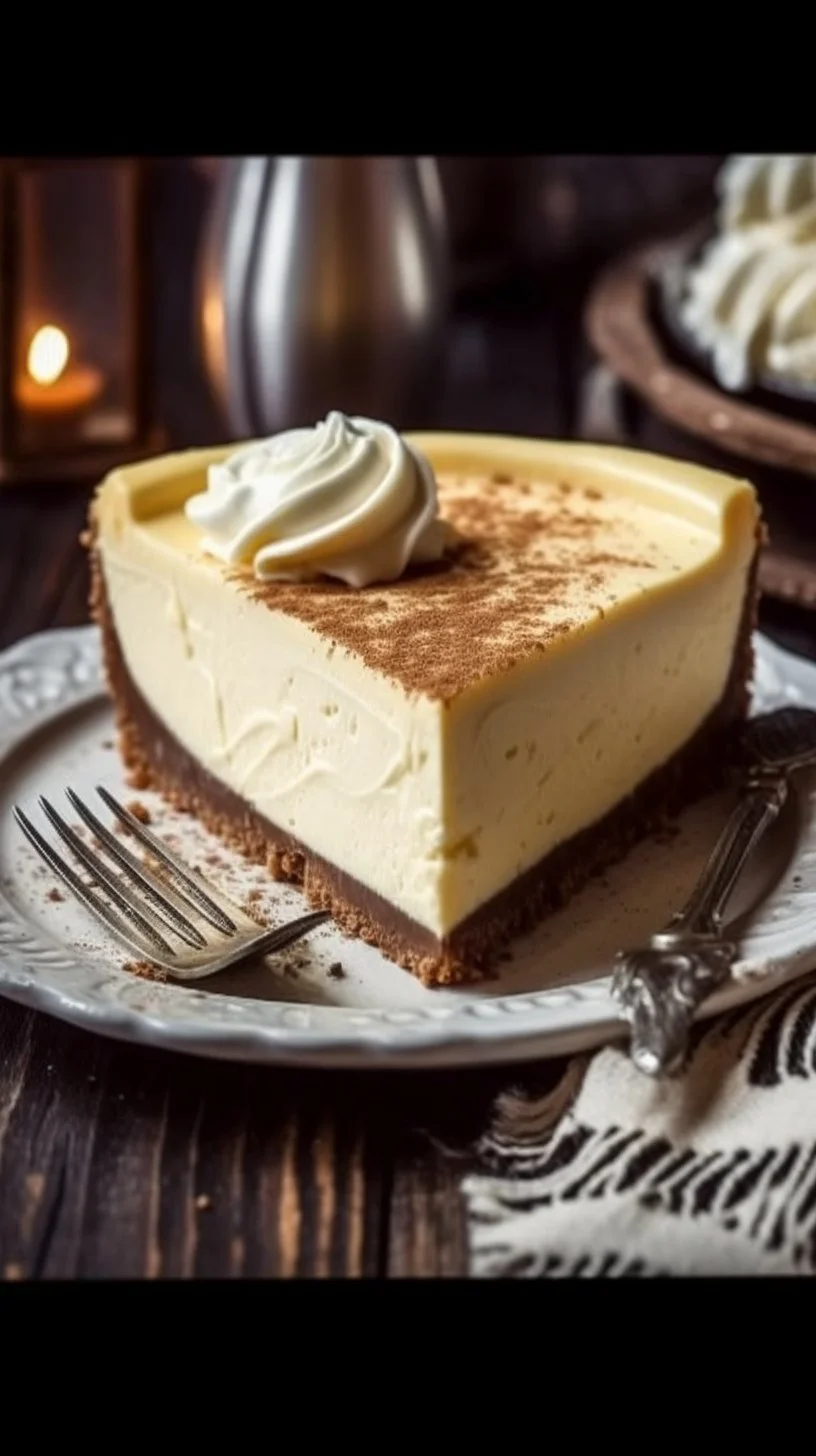 No-Bake Eggnog Cream Pie topped with whipped cream and nutmeg