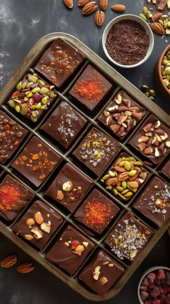 Delicious no bake tahini brownies topped with chocolate and nuts.