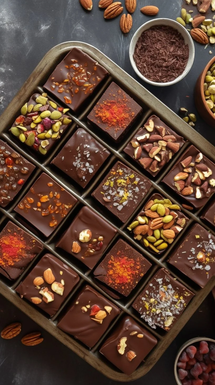 Delicious no bake tahini brownies topped with chocolate and nuts.