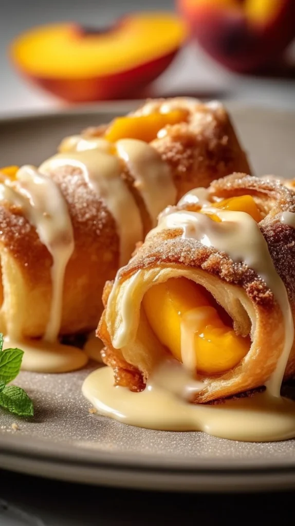 Delicious peach cheesecake cobbler rolls served on a plate
