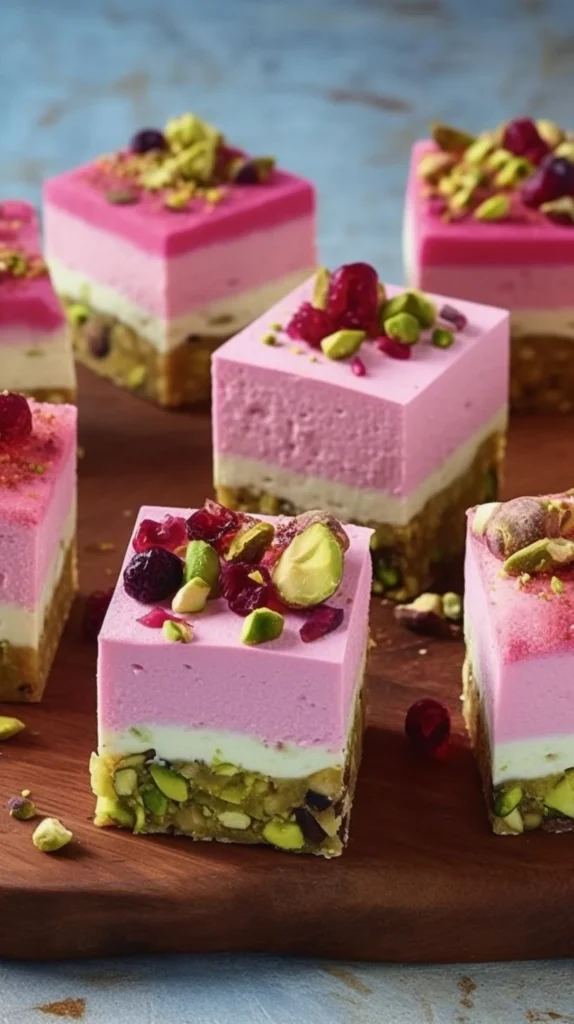 Delicious Pistachio and Cranberry Marshmallow Slice dessert on a white plate.