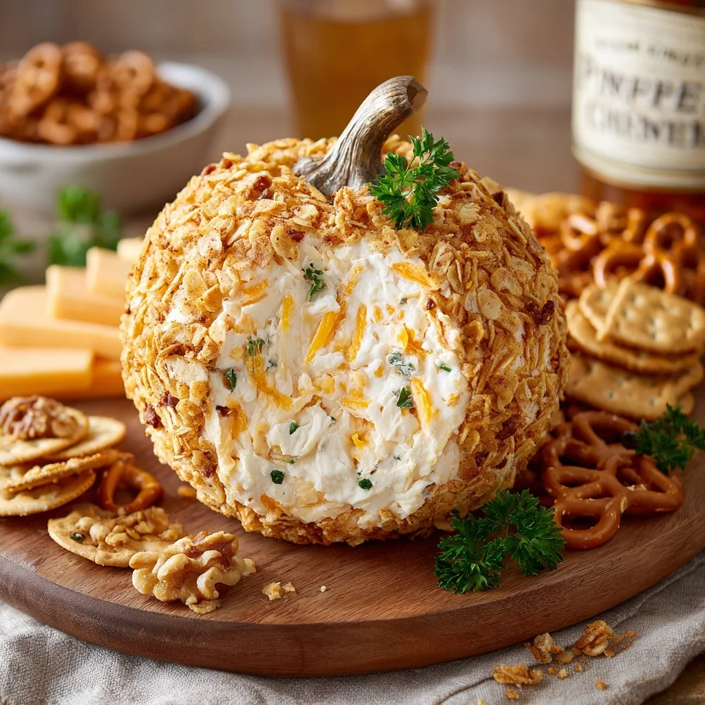Pumpkin Cheese Ball decorated with herbs and spices on a serving platter