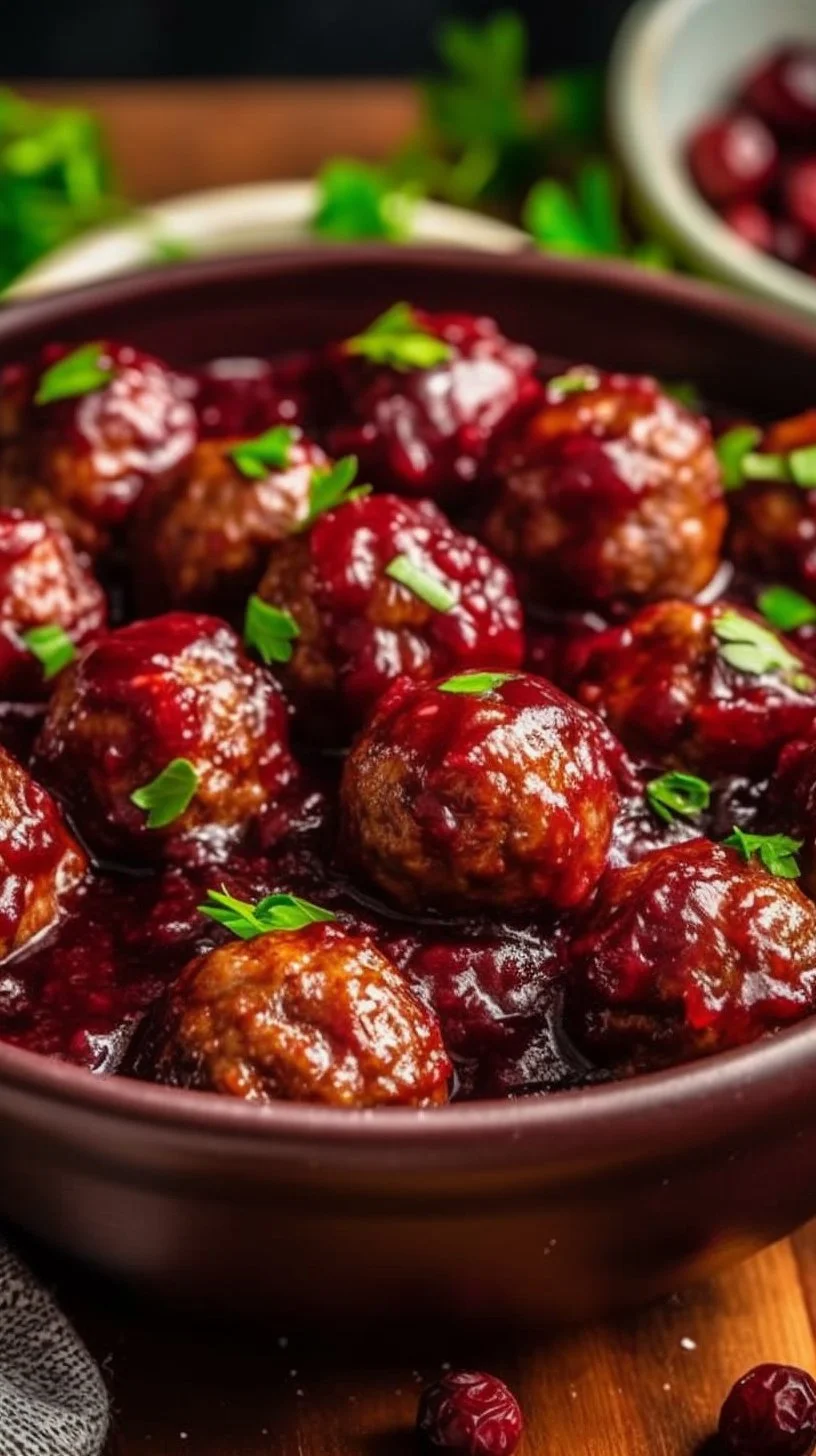 Quick Christmas cranberry meatballs served on a festive platter