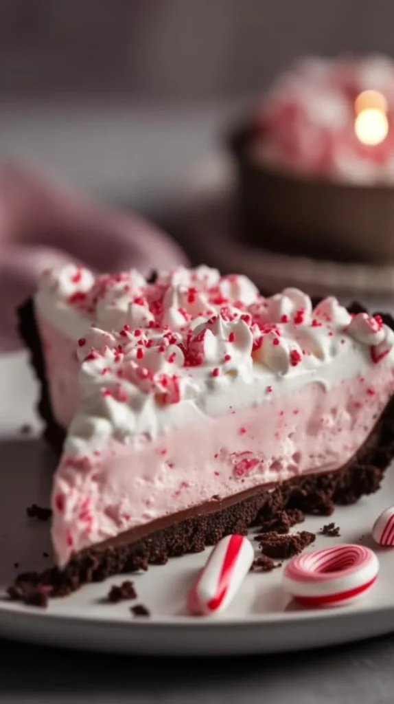 Deliciously festive Christmas Peppermint Pie ready for the holiday table.