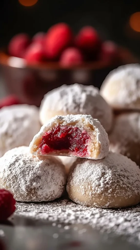Plate of Raspberry Almond Snowball Cookies with powdered sugar