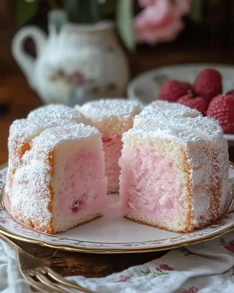 Delicious Raspberry Angel Food Cake topped with fresh raspberries and whipped cream