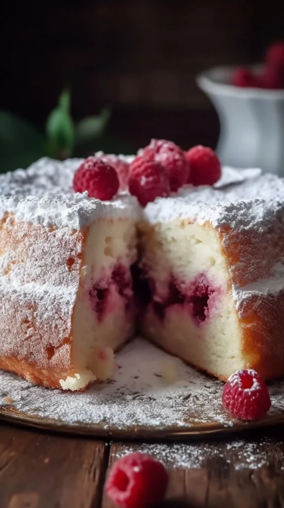 A beautiful Raspberry Angel Food Cake topped with fresh raspberries and whipped cream