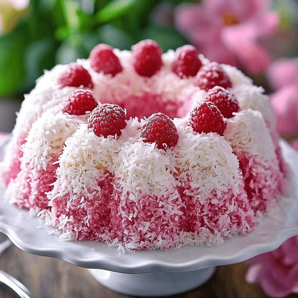 Raspberry Coconut Cake garnished with fresh raspberries and coconut flakes
