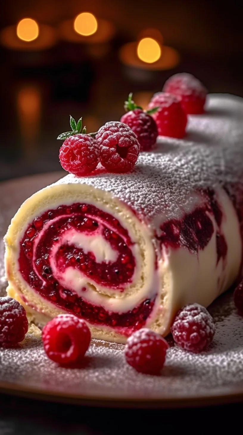 Raspberry Swirl Christmas Roll dessert with festive decorations